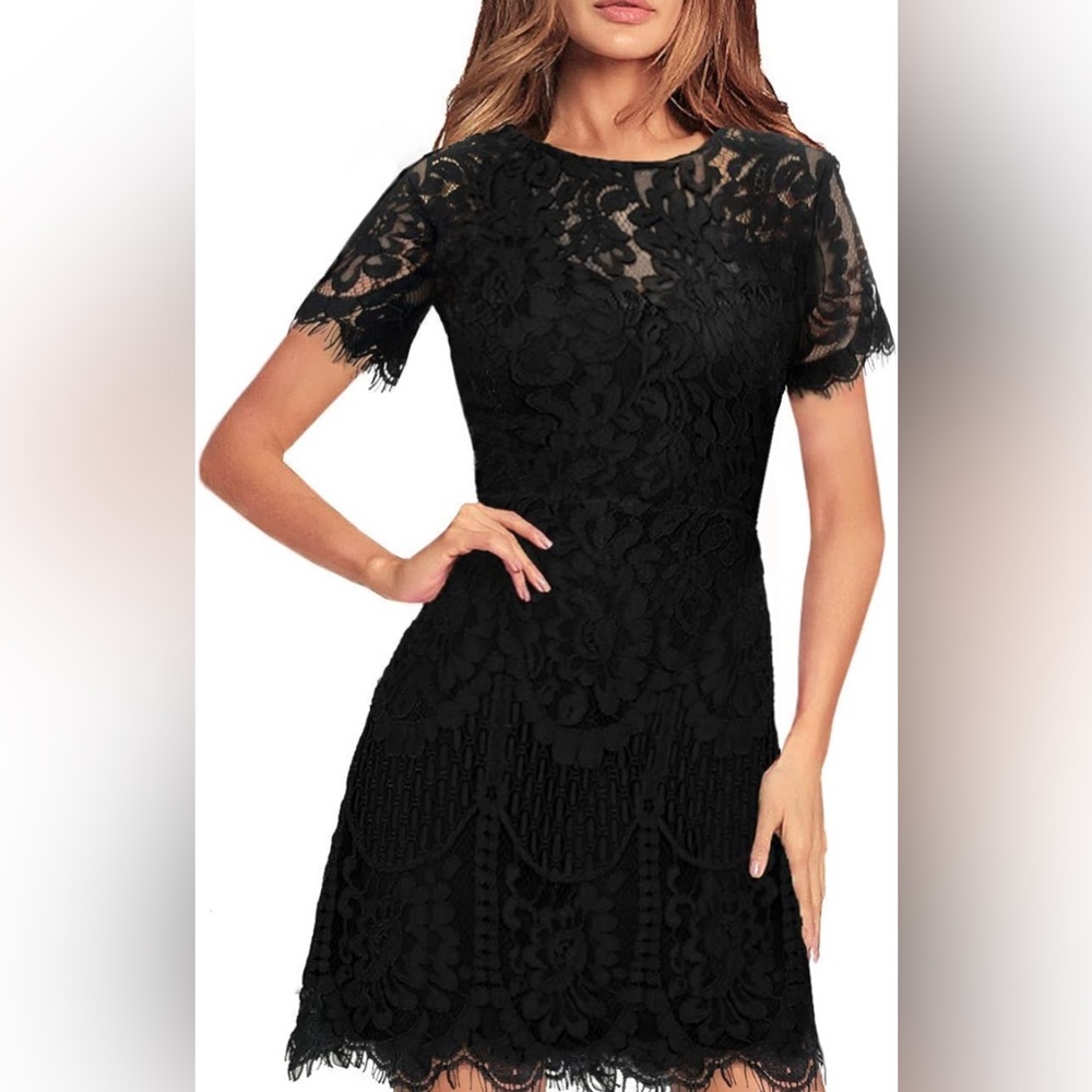 Round Neck V-Back Floral Lace Cocktail Party A Line Dress